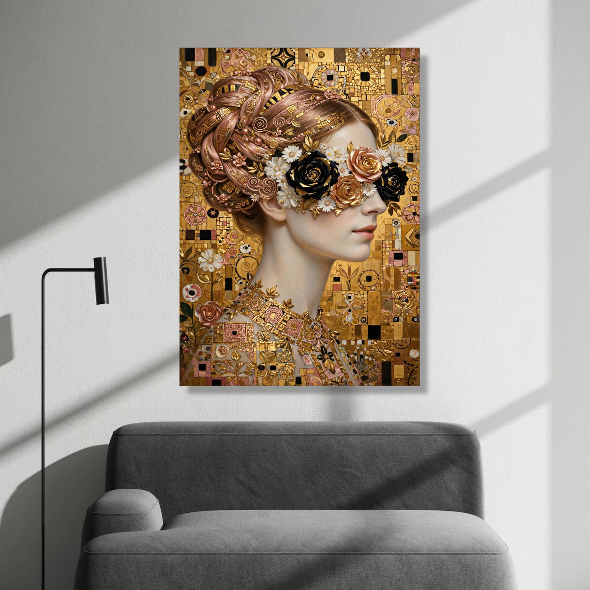 Elegant Woman Portrait Canvas, Floral Eye Mask Design, Golden Mosaic Background, Modern Art Wall Decor, Feminine Glamour Canvas Print Art