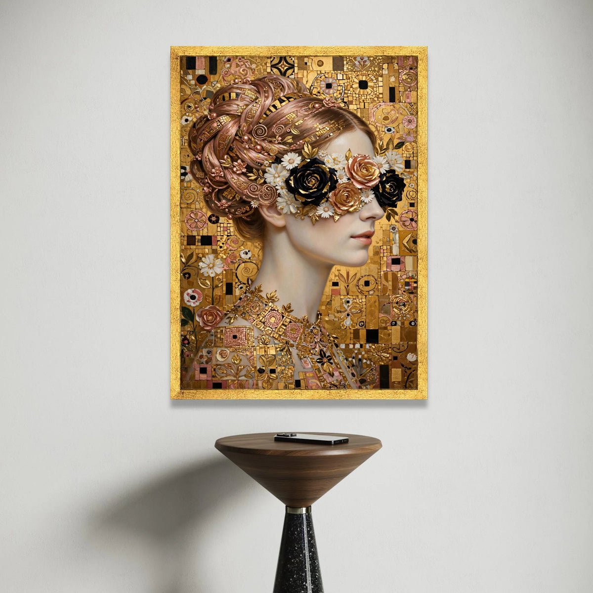 Elegant Woman Portrait Canvas, Floral Eye Mask Design, Golden Mosaic Background, Modern Art Wall Decor, Feminine Glamour Canvas Print Art