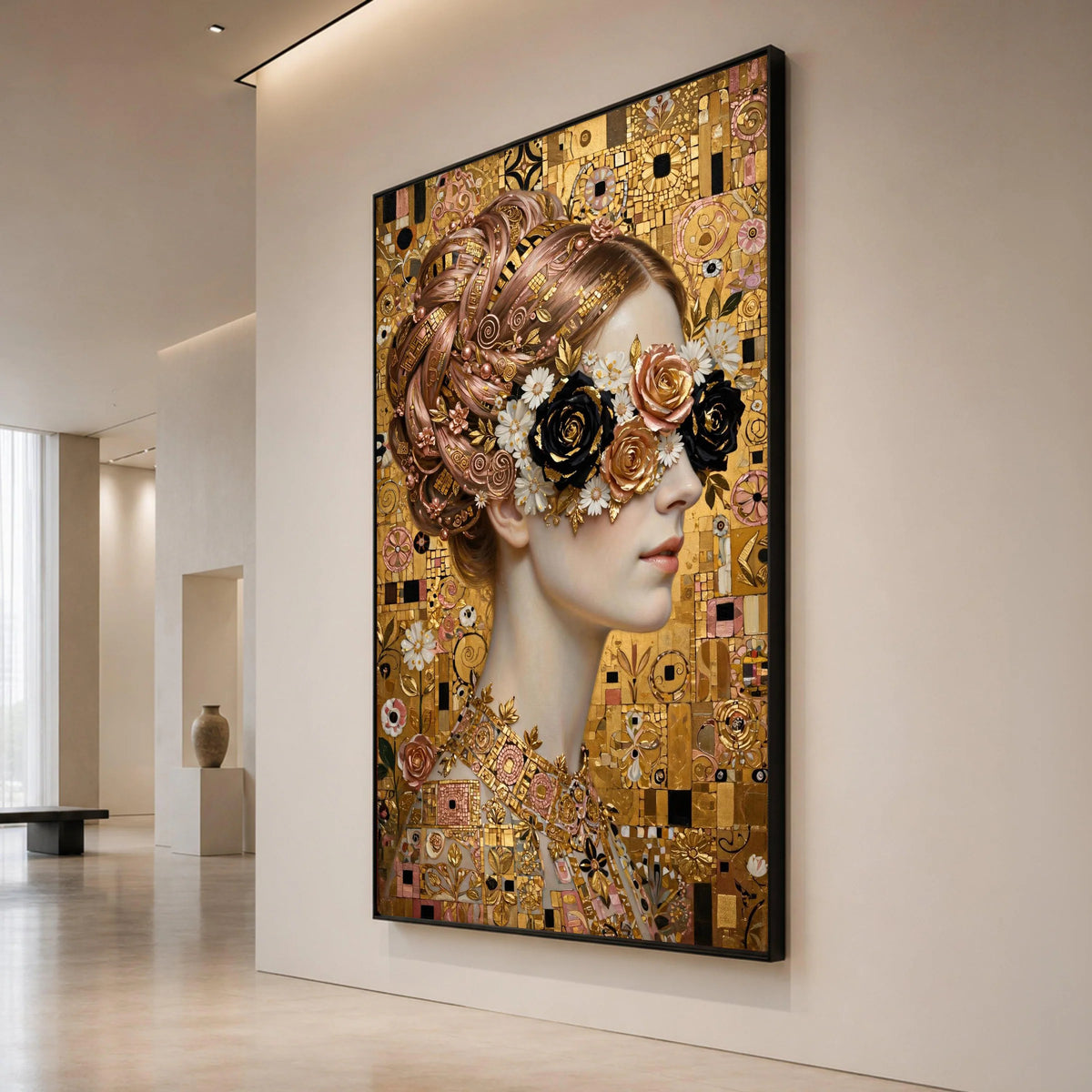 Elegant Woman Portrait Canvas, Floral Eye Mask Design, Golden Mosaic Background, Modern Art Wall Decor, Feminine Glamour Canvas Print Art