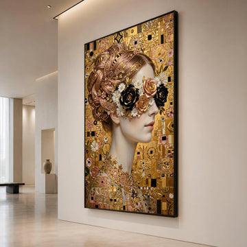 Elegant Woman Portrait Canvas, Floral Eye Mask Design, Golden Mosaic Background, Modern Art Wall Decor, Feminine Glamour Canvas Print Art