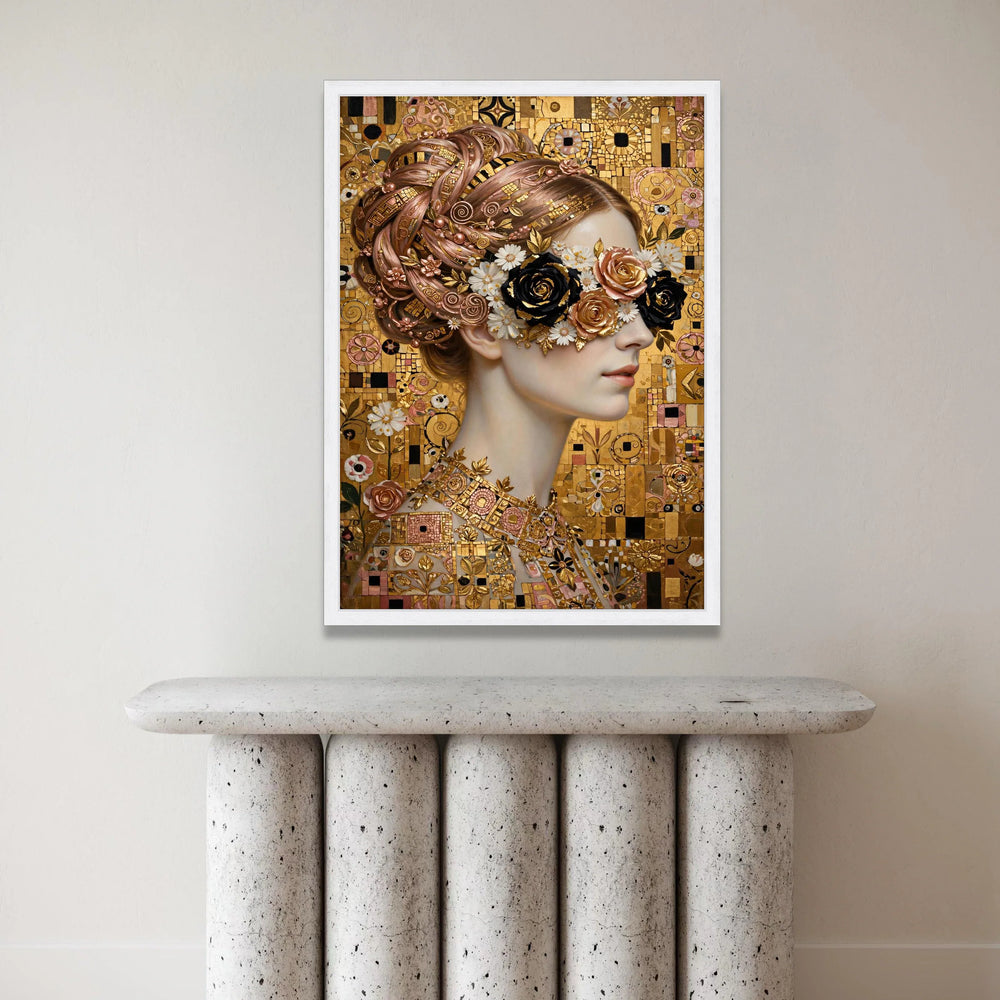 Elegant Woman Portrait Canvas, Floral Eye Mask Design, Golden Mosaic Background, Modern Art Wall Decor, Feminine Glamour Canvas Print Art