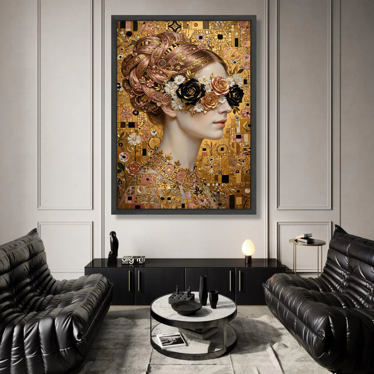 Elegant Woman Portrait Canvas, Floral Eye Mask Design, Golden Mosaic Background, Modern Art Wall Decor, Feminine Glamour Canvas Print Art