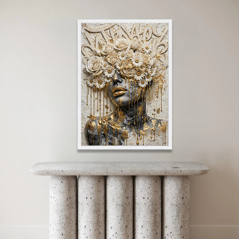 Elegant Female Portrait Canvas, Floral Crown Wall Art, Gold Accent Face Design, Contemporary Decorative Canvas, Modern Home Canvas Print Art