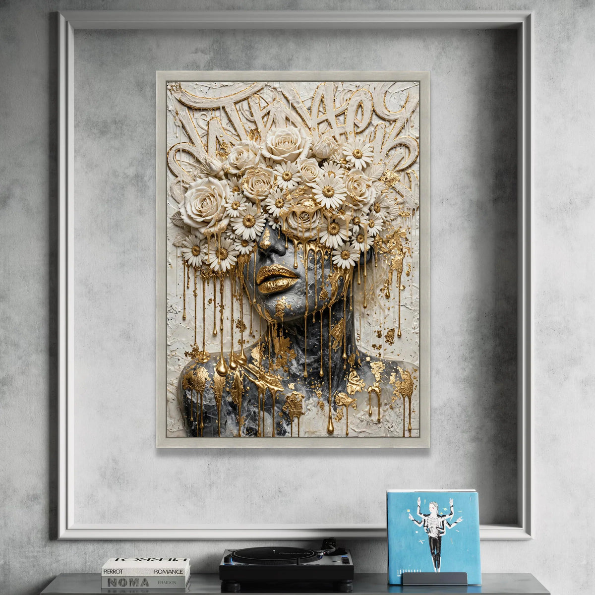 Elegant Female Portrait Canvas, Floral Crown Wall Art, Gold Accent Face Design, Contemporary Decorative Canvas, Modern Home Canvas Print Art