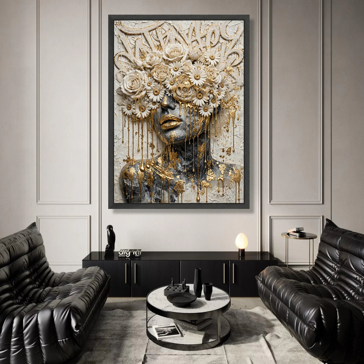 Elegant Female Portrait Canvas, Floral Crown Wall Art, Gold Accent Face Design, Contemporary Decorative Canvas, Modern Home Canvas Print Art