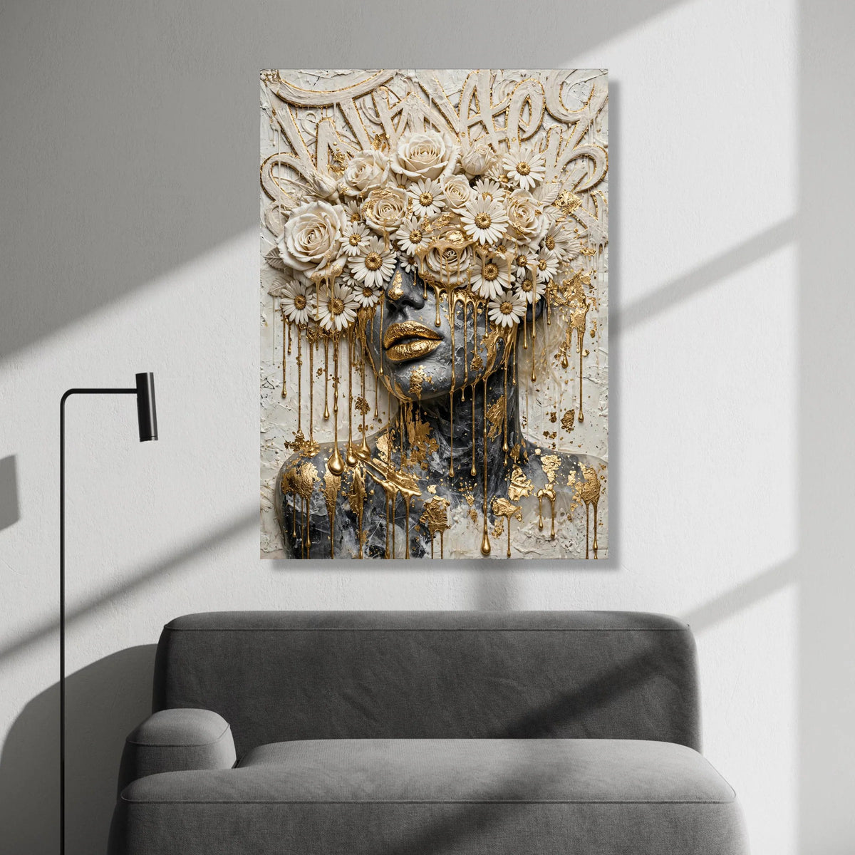 Elegant Female Portrait Canvas, Floral Crown Wall Art, Gold Accent Face Design, Contemporary Decorative Canvas, Modern Home Canvas Print Art
