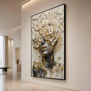 Elegant Female Portrait Canvas, Floral Crown Wall Art, Gold Accent Face Design, Contemporary Decorative Canvas, Modern Home Canvas Print Art