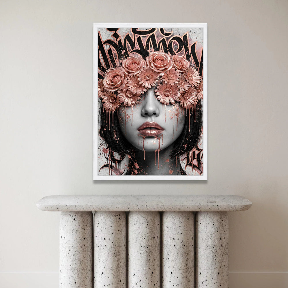 Modern Rose and Daisy Crown Portrait Canvas, Urban Graffiti Floral Wall Art, Feminine Face Art, Metallic Pink Accent Canvas Print Art