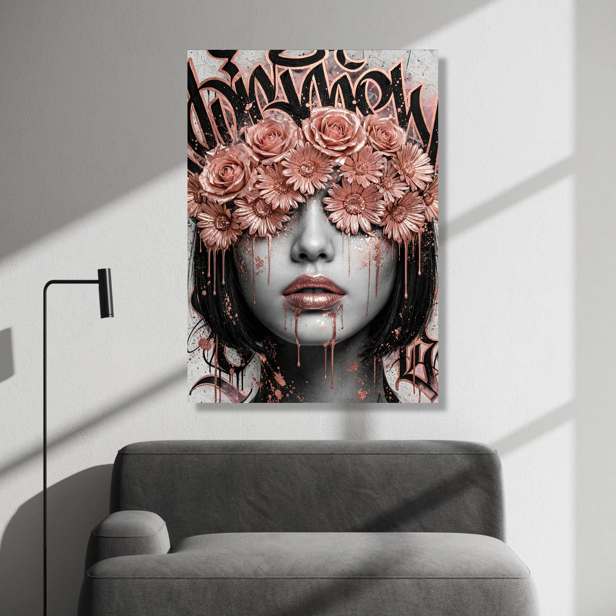 Modern Rose and Daisy Crown Portrait Canvas, Urban Graffiti Floral Wall Art, Feminine Face Art, Metallic Pink Accent Canvas Print Art