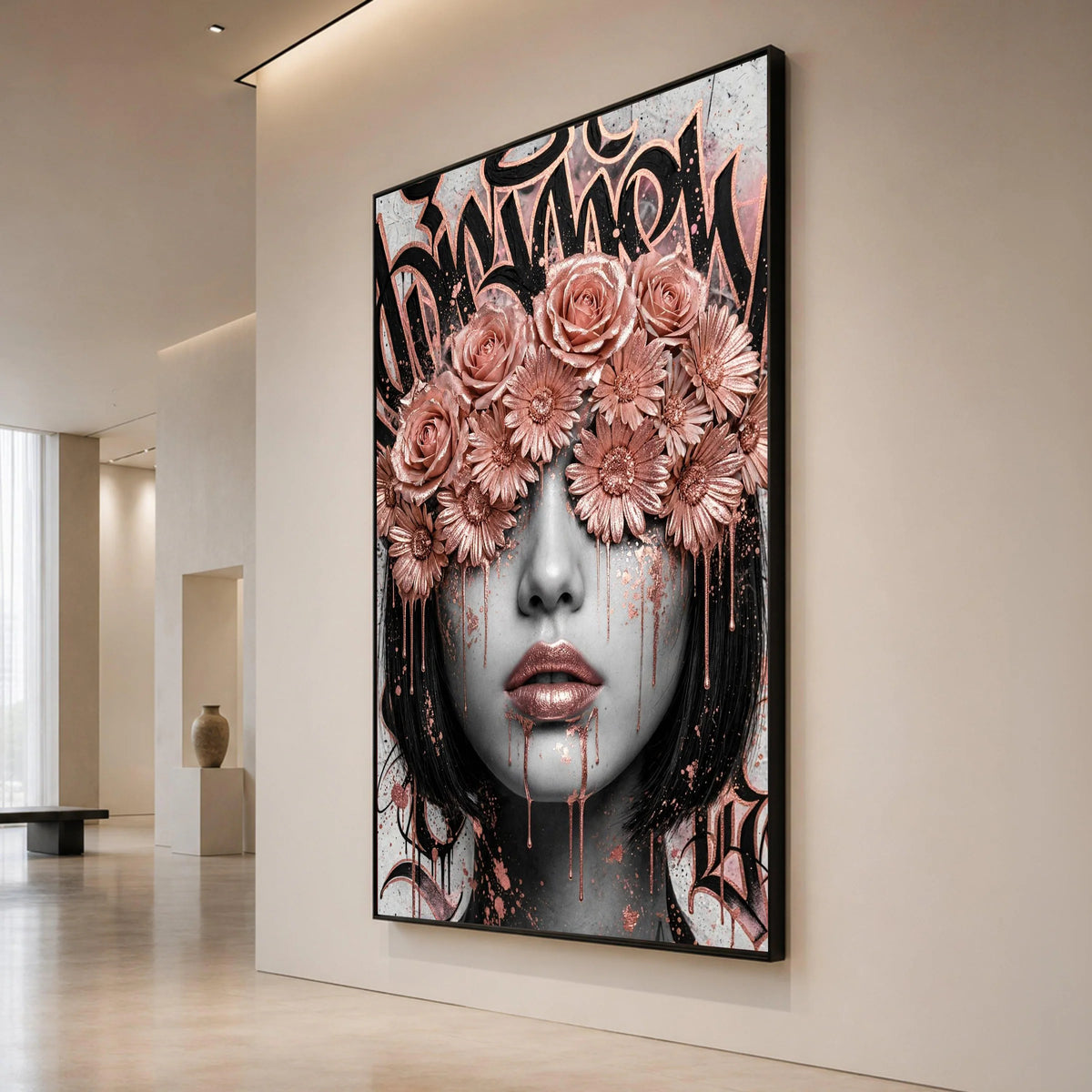 Modern Rose and Daisy Crown Portrait Canvas, Urban Graffiti Floral Wall Art, Feminine Face Art, Metallic Pink Accent Canvas Print Art