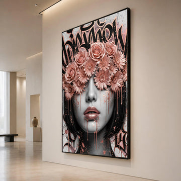 Modern Rose and Daisy Crown Portrait Canvas, Urban Graffiti Floral Wall Art, Feminine Face Art, Metallic Pink Accent Canvas Print Art