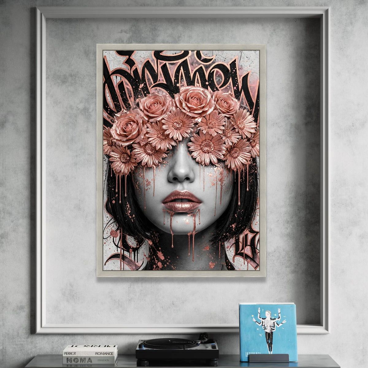 Modern Rose and Daisy Crown Portrait Canvas, Urban Graffiti Floral Wall Art, Feminine Face Art, Metallic Pink Accent Canvas Print Art