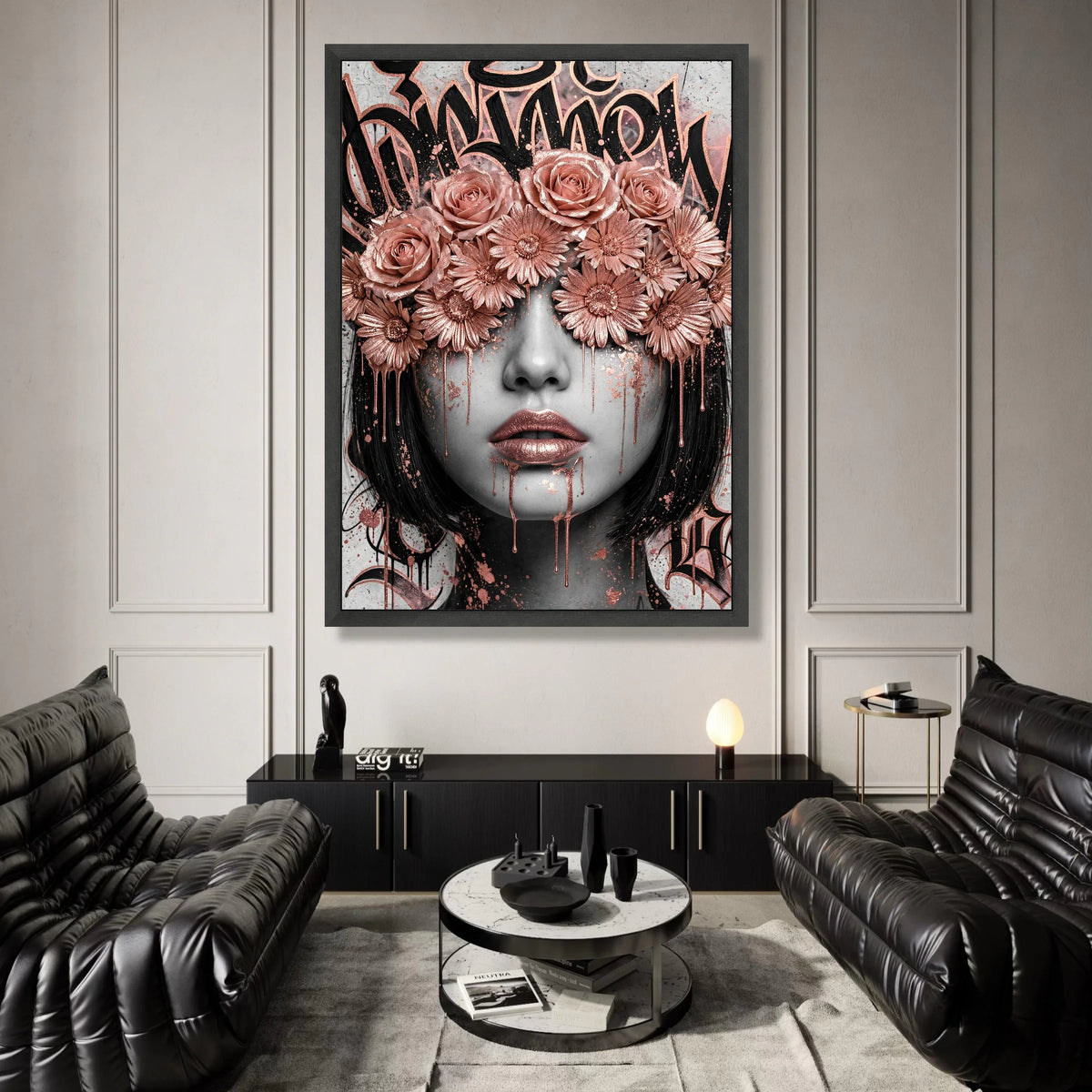 Modern Rose and Daisy Crown Portrait Canvas, Urban Graffiti Floral Wall Art, Feminine Face Art, Metallic Pink Accent Canvas Print Art