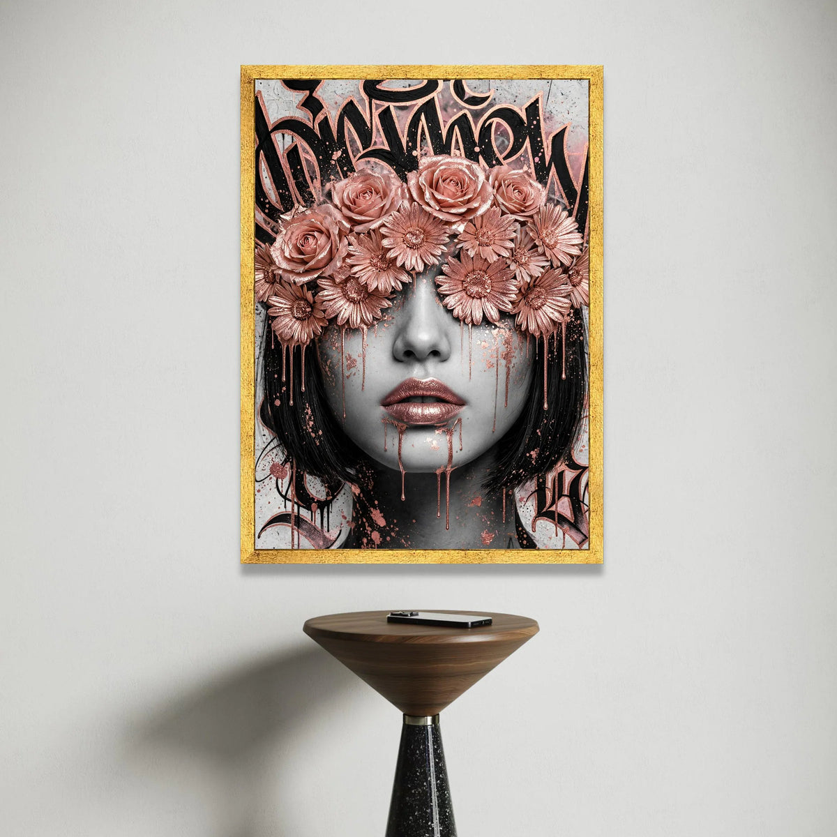 Modern Rose and Daisy Crown Portrait Canvas, Urban Graffiti Floral Wall Art, Feminine Face Art, Metallic Pink Accent Canvas Print Art