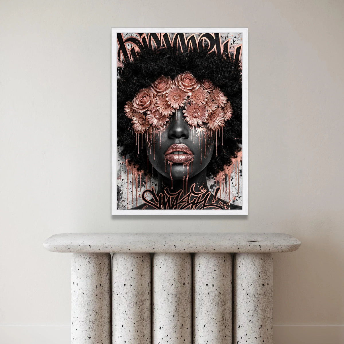 Black Woman Portrait Canvas, Floral Eye Mask Wall Art, Rose Gold Accents, Afro Hair Art, Contemporary Face Design, Urban Canvas Print Art