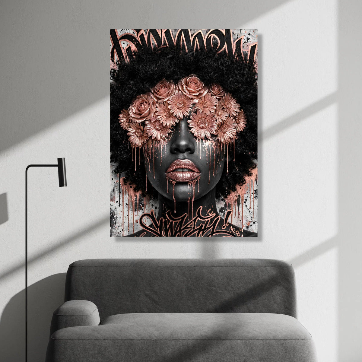 Black Woman Portrait Canvas, Floral Eye Mask Wall Art, Rose Gold Accents, Afro Hair Art, Contemporary Face Design, Urban Canvas Print Art
