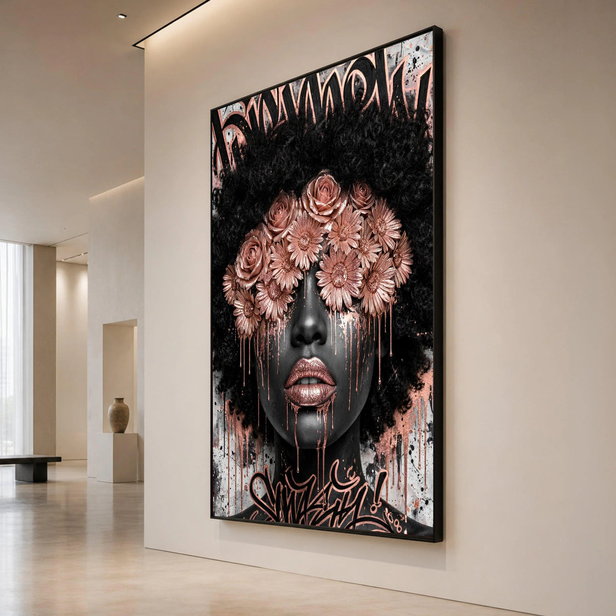 Black Woman Portrait Canvas, Floral Eye Mask Wall Art, Rose Gold Accents, Afro Hair Art, Contemporary Face Design, Urban Canvas Print Art