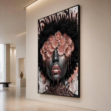 Black Woman Portrait Canvas, Floral Eye Mask Wall Art, Rose Gold Accents, Afro Hair Art, Contemporary Face Design, Urban Canvas Print Art