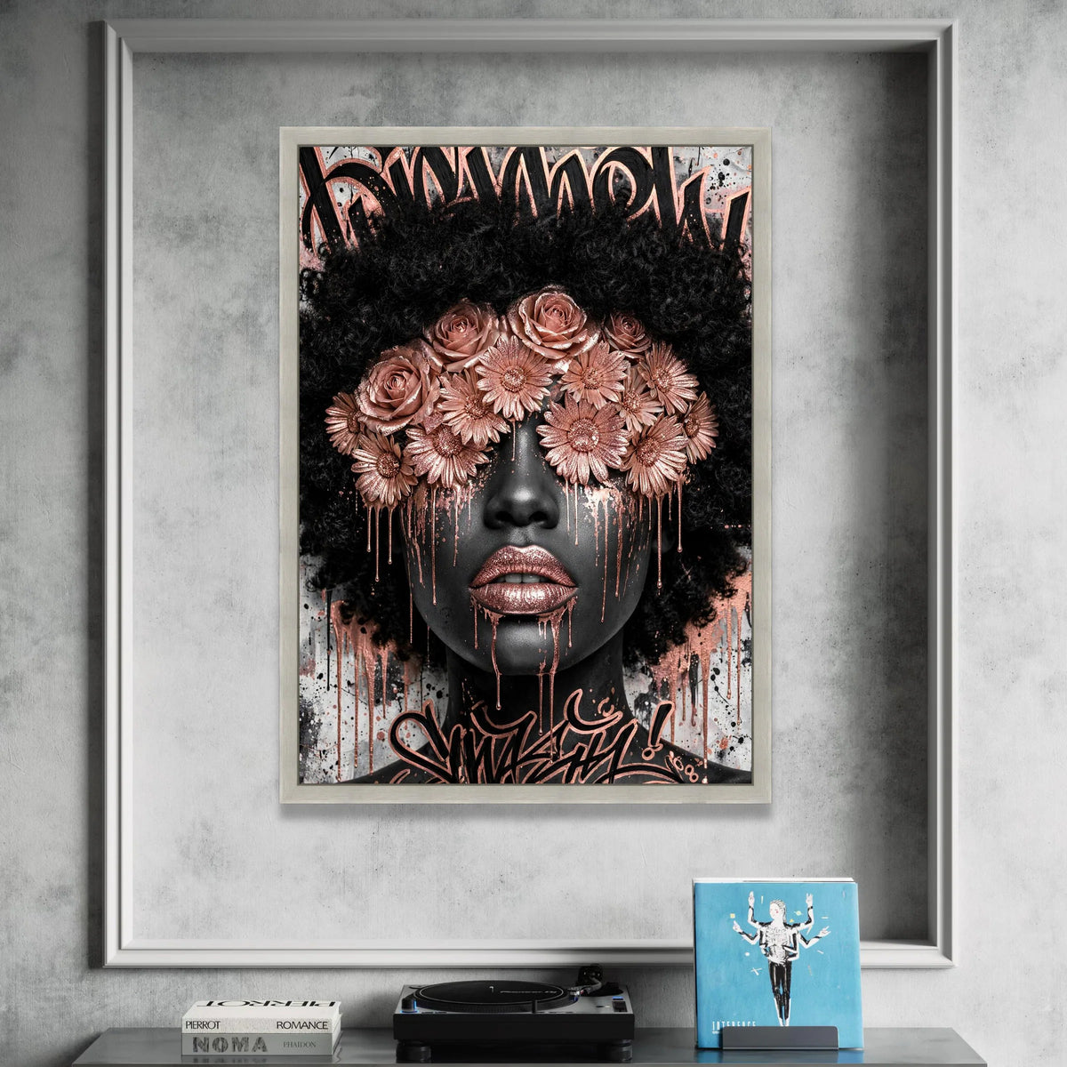 Black Woman Portrait Canvas, Floral Eye Mask Wall Art, Rose Gold Accents, Afro Hair Art, Contemporary Face Design, Urban Canvas Print Art