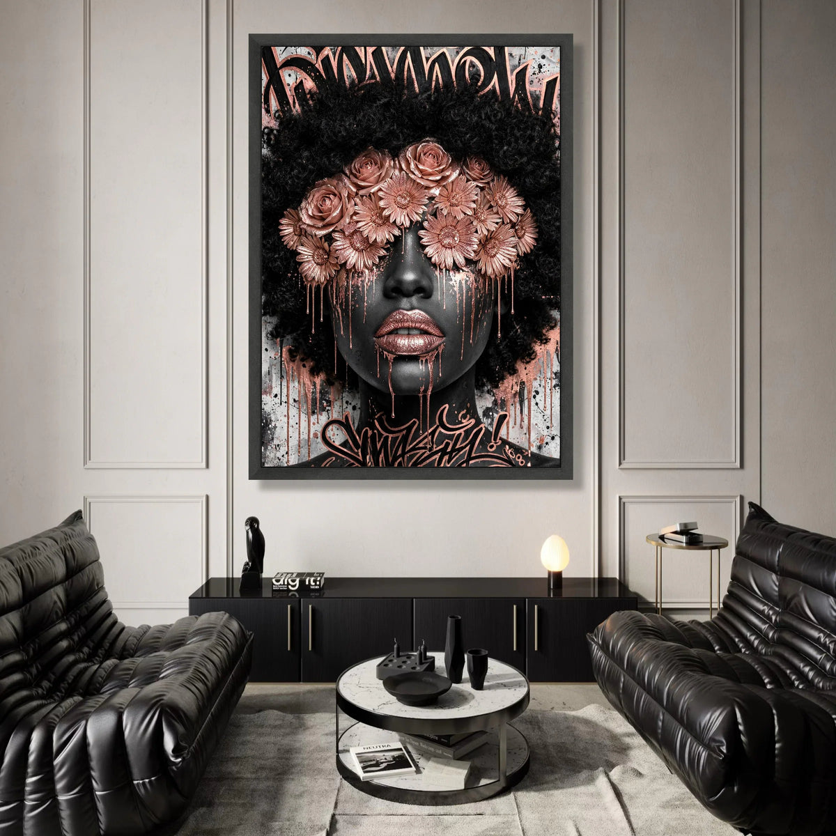 Black Woman Portrait Canvas, Floral Eye Mask Wall Art, Rose Gold Accents, Afro Hair Art, Contemporary Face Design, Urban Canvas Print Art