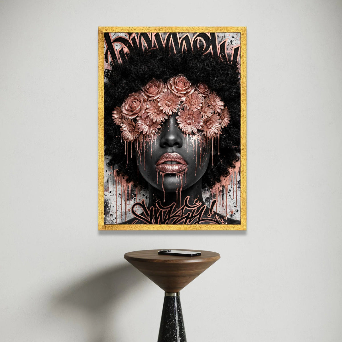 Black Woman Portrait Canvas, Floral Eye Mask Wall Art, Rose Gold Accents, Afro Hair Art, Contemporary Face Design, Urban Canvas Print Art