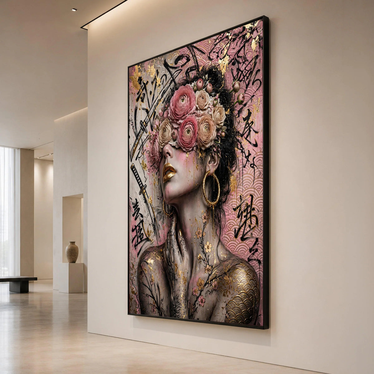 Floral Blindfolded Woman Canvas Wall Art, Japanese Calligraphy Design, Gold Accent Portrait, Contemporary Feminine Decor, Canvas Print Art