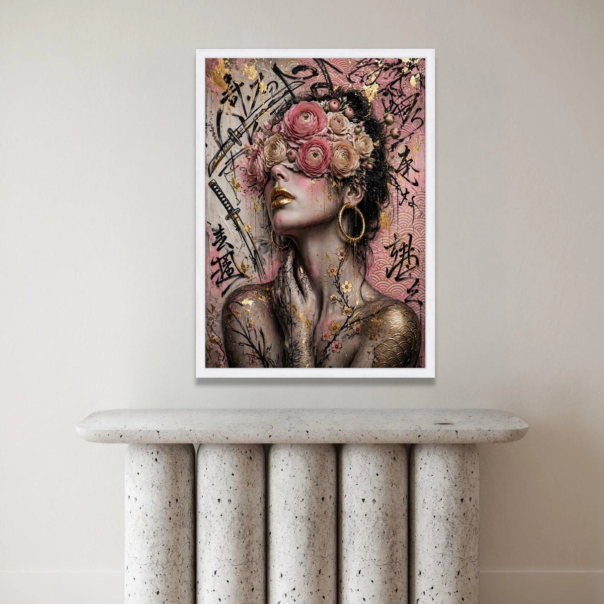 Floral Blindfolded Woman Canvas Wall Art, Japanese Calligraphy Design, Gold Accent Portrait, Contemporary Feminine Decor, Canvas Print Art