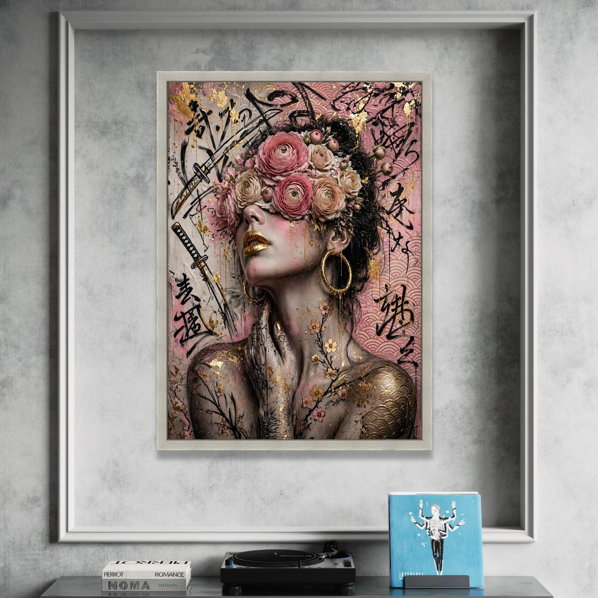 Floral Blindfolded Woman Canvas Wall Art, Japanese Calligraphy Design, Gold Accent Portrait, Contemporary Feminine Decor, Canvas Print Art
