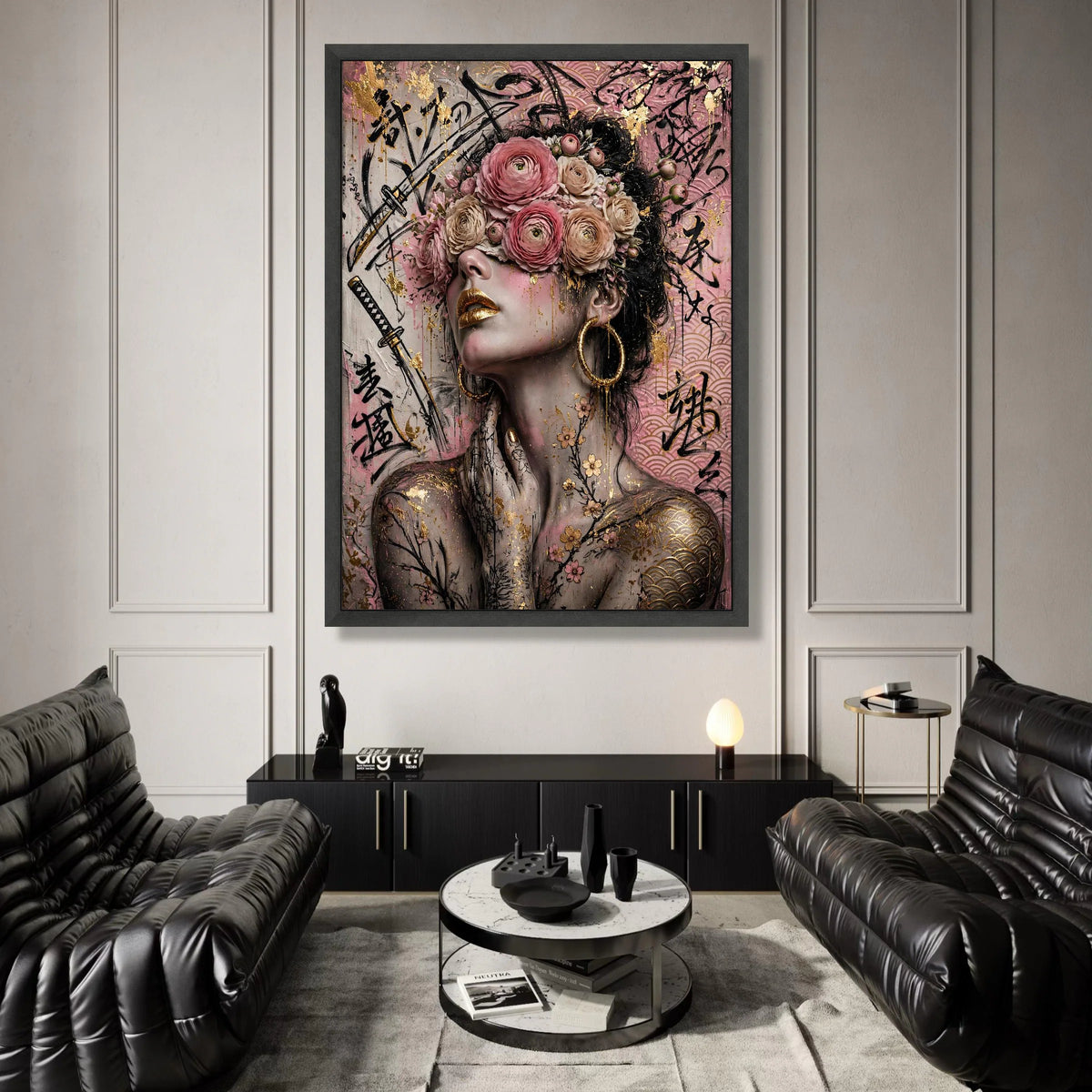 Floral Blindfolded Woman Canvas Wall Art, Japanese Calligraphy Design, Gold Accent Portrait, Contemporary Feminine Decor, Canvas Print Art