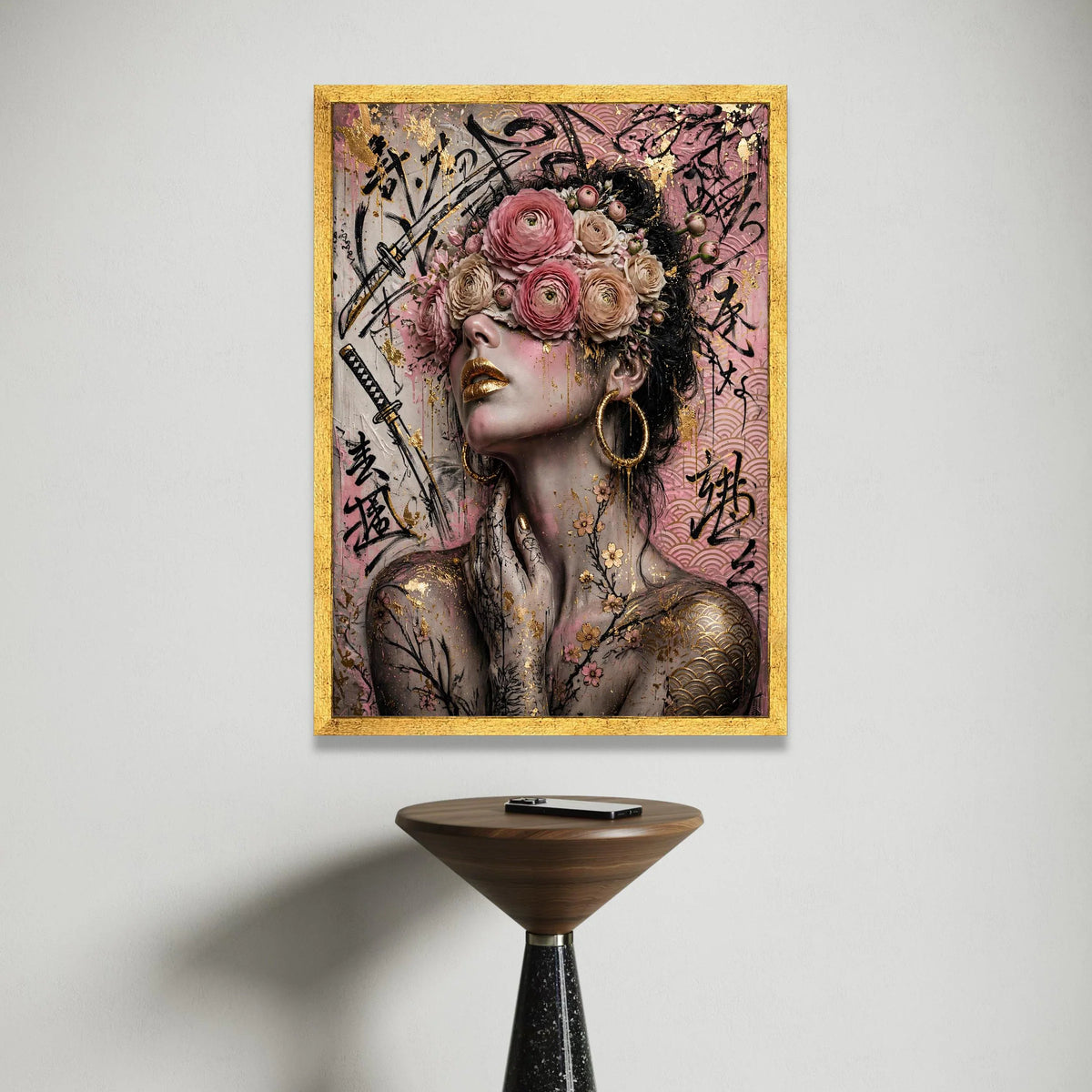 Floral Blindfolded Woman Canvas Wall Art, Japanese Calligraphy Design, Gold Accent Portrait, Contemporary Feminine Decor, Canvas Print Art