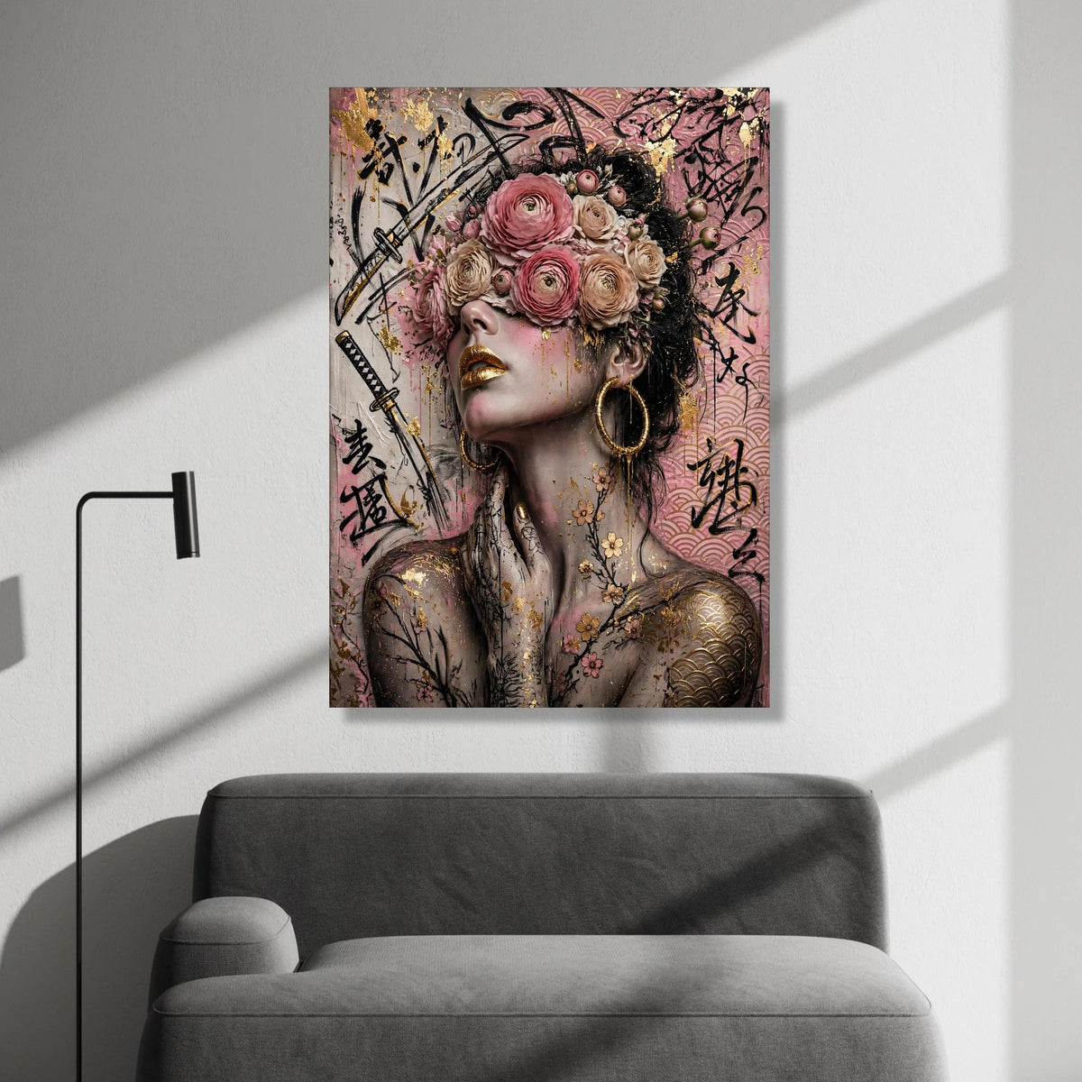 Floral Blindfolded Woman Canvas Wall Art, Japanese Calligraphy Design, Gold Accent Portrait, Contemporary Feminine Decor, Canvas Print Art