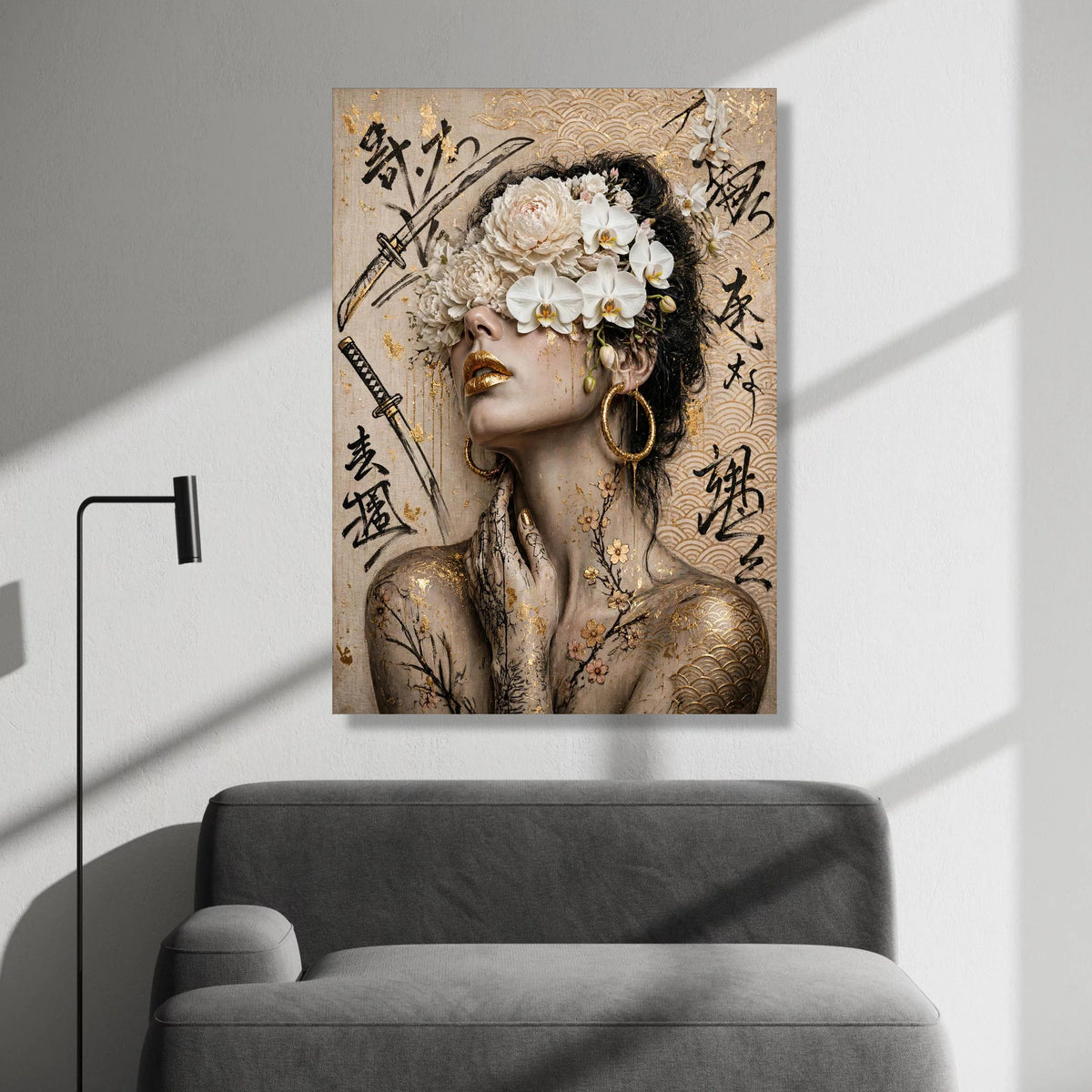 Elegant Geisha Portrait Canvas, Floral Headpiece Wall Art, Asian Calligraphy Prints, Gold Accent Home Decor, Modern Canvas Print Art