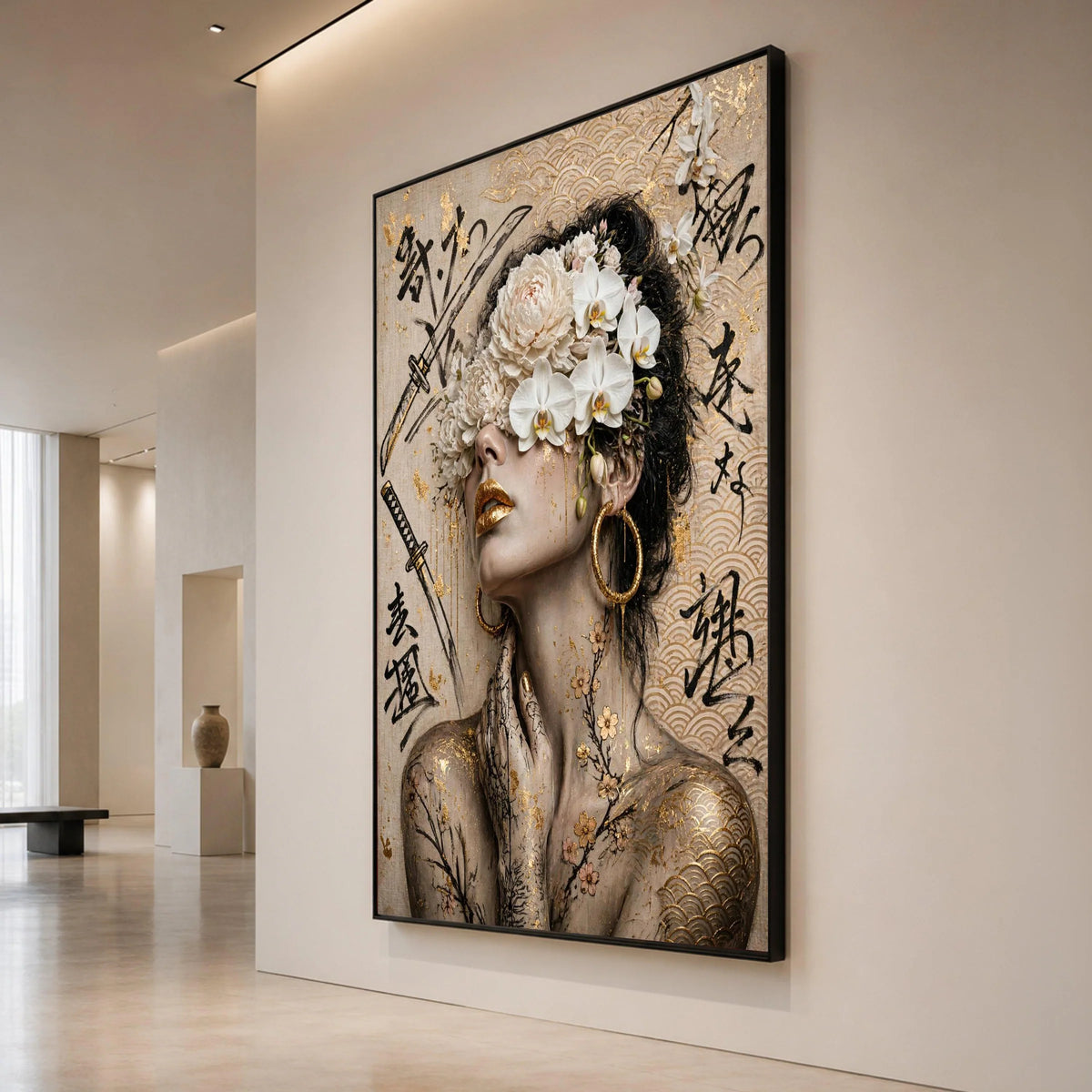 Elegant Geisha Portrait Canvas, Floral Headpiece Wall Art, Asian Calligraphy Prints, Gold Accent Home Decor, Modern Canvas Print Art
