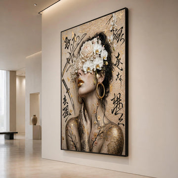Elegant Geisha Portrait Canvas, Floral Headpiece Wall Art, Asian Calligraphy Prints, Gold Accent Home Decor, Modern Canvas Print Art