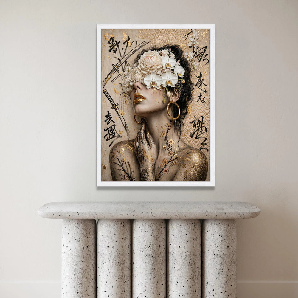 Elegant Geisha Portrait Canvas, Floral Headpiece Wall Art, Asian Calligraphy Prints, Gold Accent Home Decor, Modern Canvas Print Art