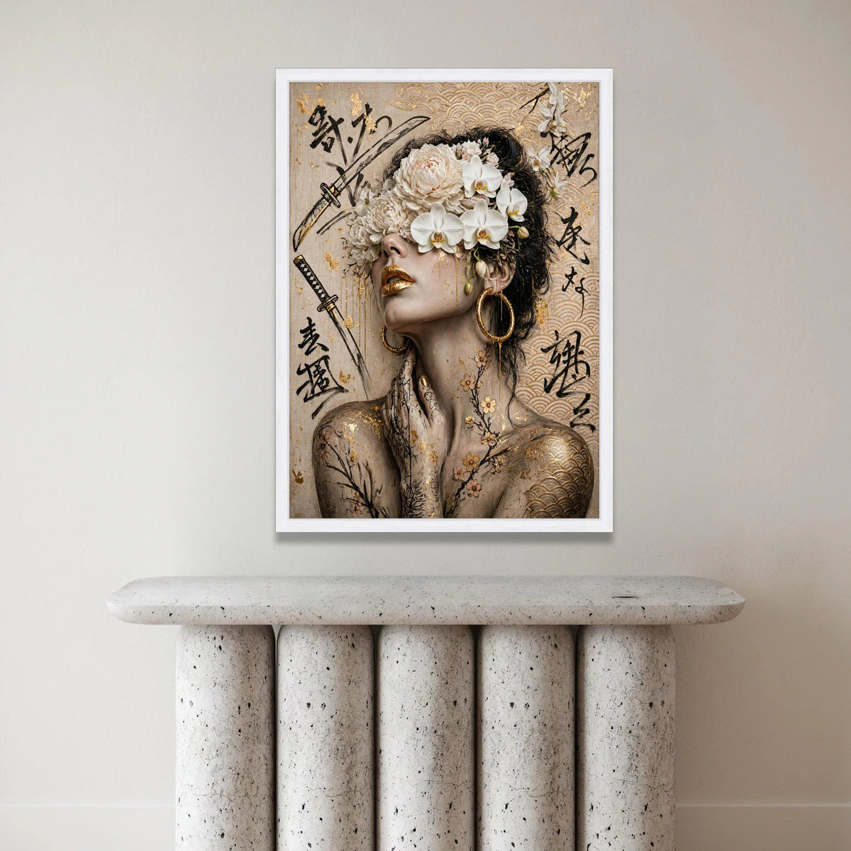Elegant Geisha Portrait Canvas, Floral Headpiece Wall Art, Asian Calligraphy Prints, Gold Accent Home Decor, Modern Canvas Print Art