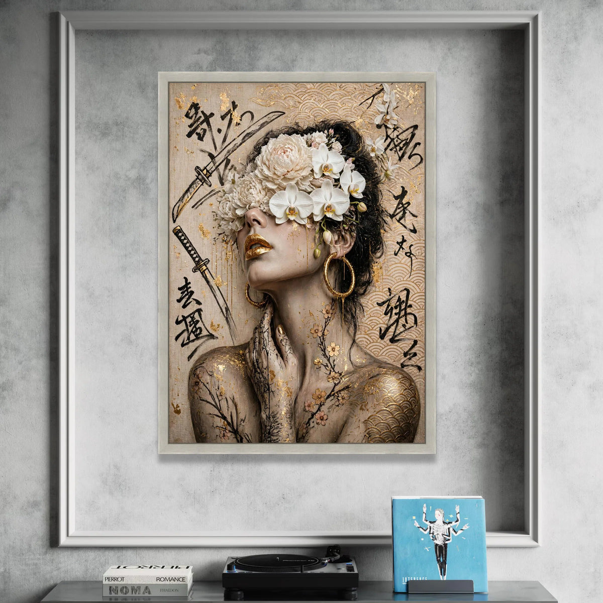 Elegant Geisha Portrait Canvas, Floral Headpiece Wall Art, Asian Calligraphy Prints, Gold Accent Home Decor, Modern Canvas Print Art