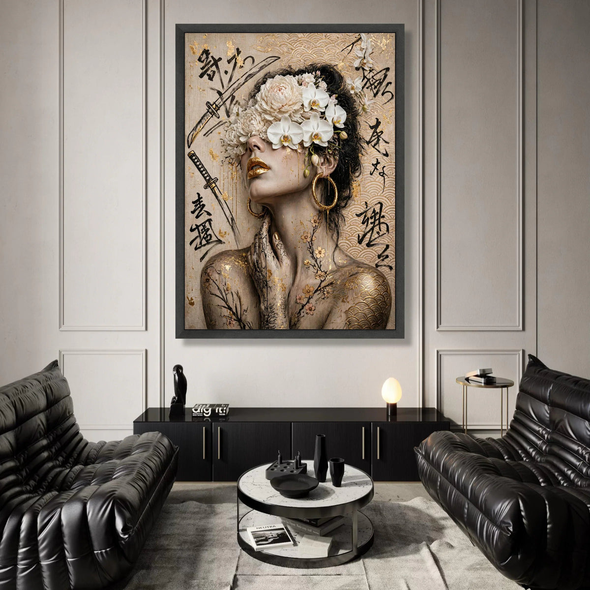 Elegant Geisha Portrait Canvas, Floral Headpiece Wall Art, Asian Calligraphy Prints, Gold Accent Home Decor, Modern Canvas Print Art