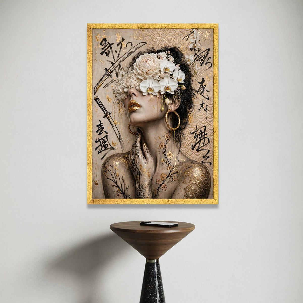 Elegant Geisha Portrait Canvas, Floral Headpiece Wall Art, Asian Calligraphy Prints, Gold Accent Home Decor, Modern Canvas Print Art