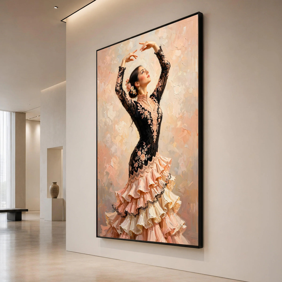 Elegant Flamenco Dancer Canvas Wall Art, Spanish Dance Portrait, Ballet Movement Canvas, Floral Lace Dress Painting, Home Canvas Print Art