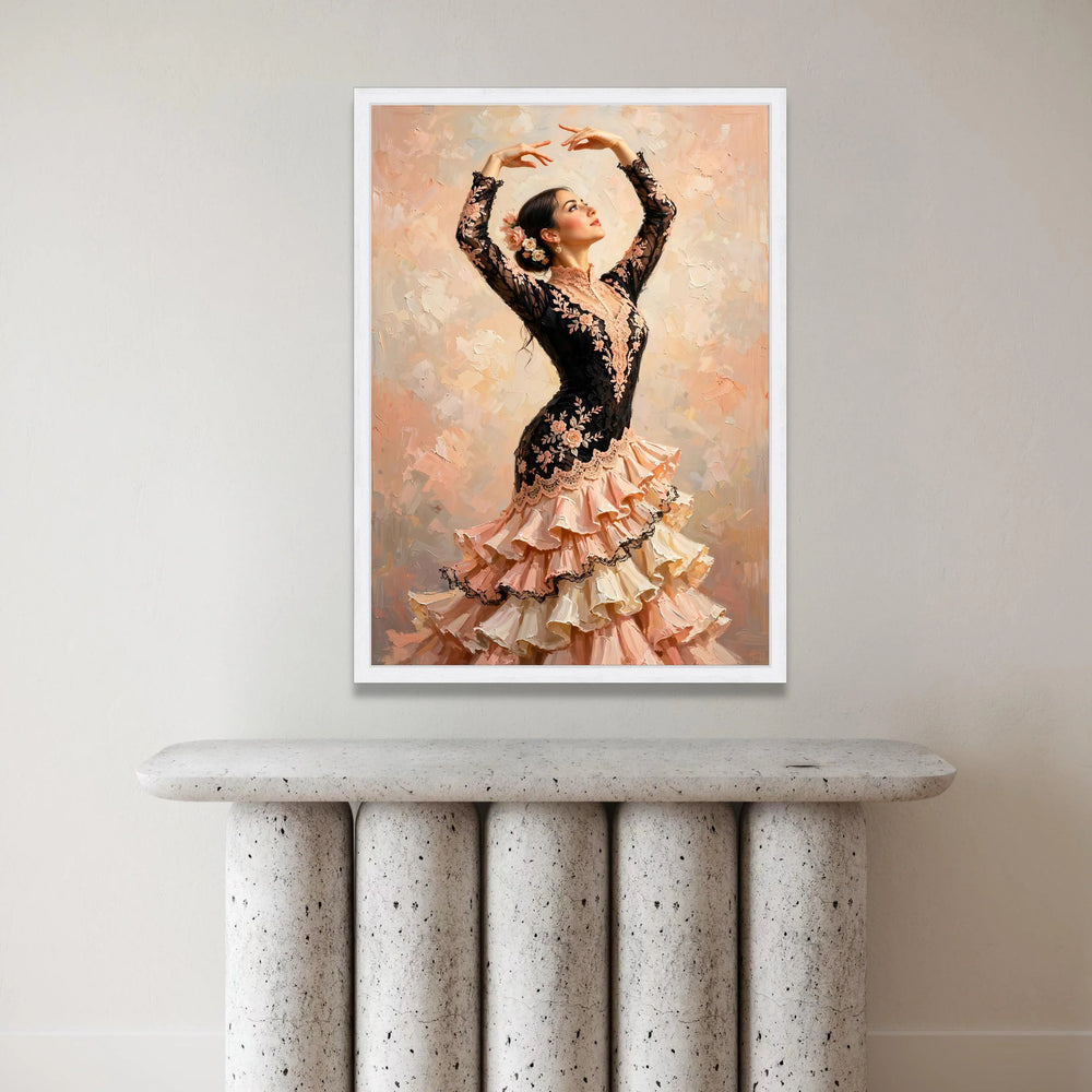 Elegant Flamenco Dancer Canvas Wall Art, Spanish Dance Portrait, Ballet Movement Canvas, Floral Lace Dress Painting, Home Canvas Print Art