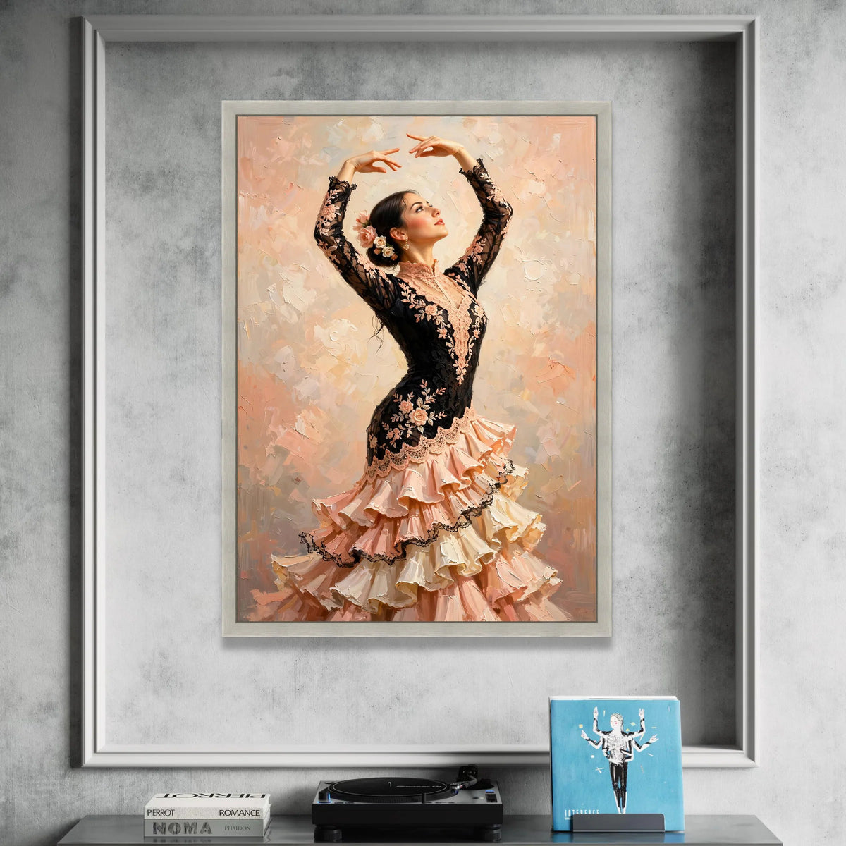 Elegant Flamenco Dancer Canvas Wall Art, Spanish Dance Portrait, Ballet Movement Canvas, Floral Lace Dress Painting, Home Canvas Print Art