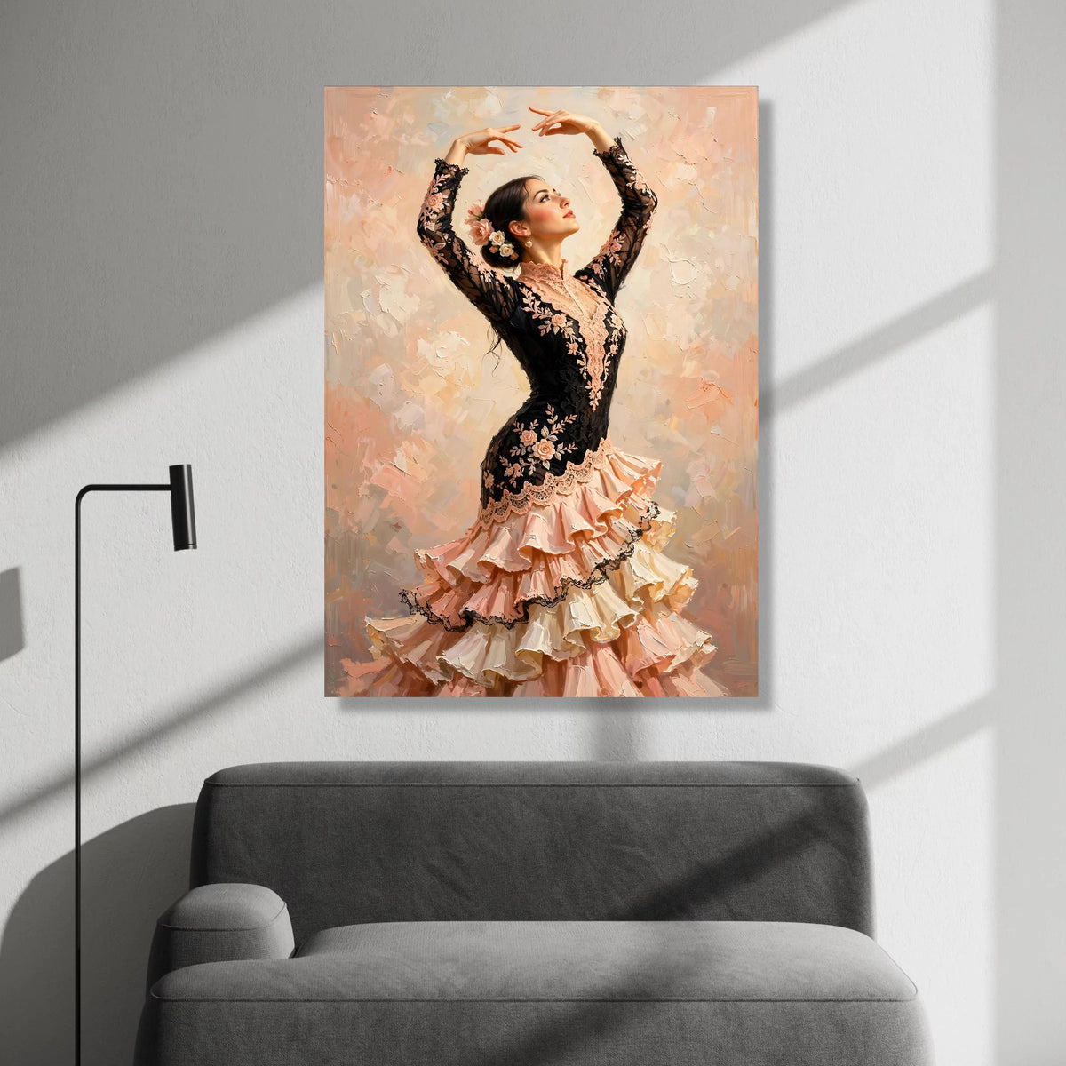 Elegant Flamenco Dancer Canvas Wall Art, Spanish Dance Portrait, Ballet Movement Canvas, Floral Lace Dress Painting, Home Canvas Print Art