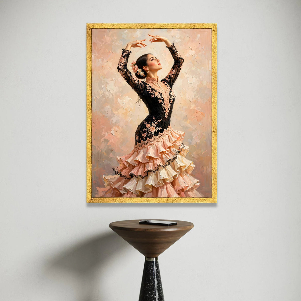 Elegant Flamenco Dancer Canvas Wall Art, Spanish Dance Portrait, Ballet Movement Canvas, Floral Lace Dress Painting, Home Canvas Print Art