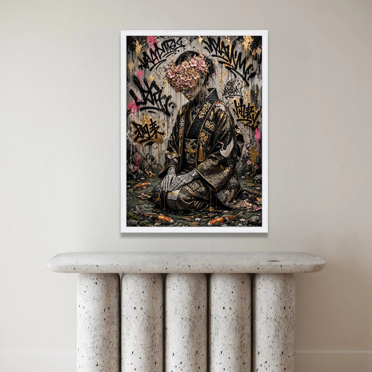 Elegant Geisha with Floral Mask, Urban Graffiti Canvas Art, Japanese Kimono Wall Decor, Contemporary Asian Style Canvas, Canvas Print Art