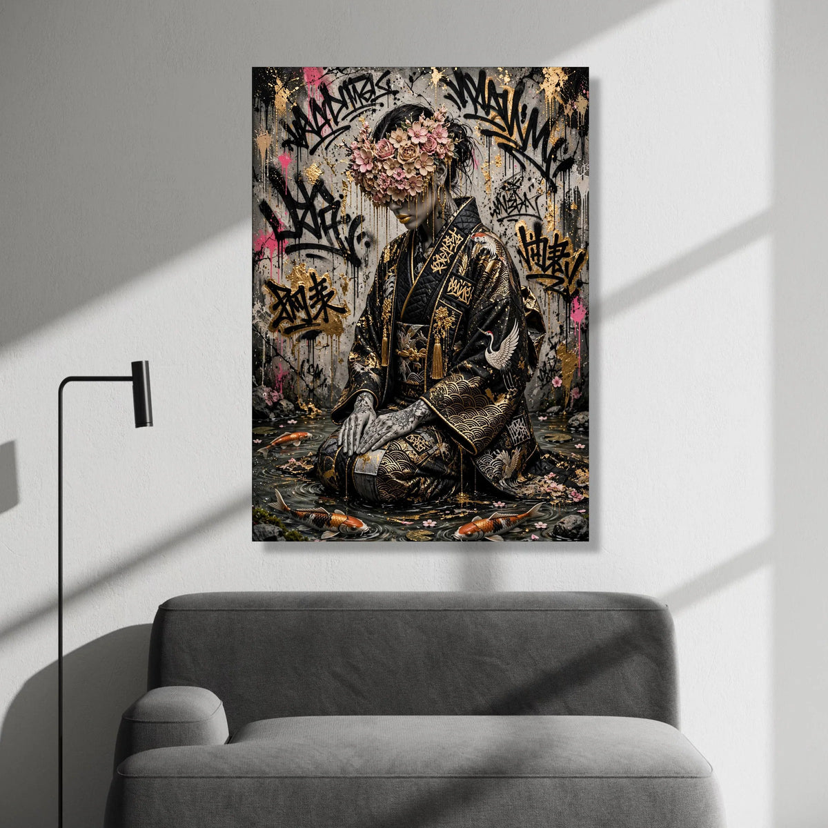 Elegant Geisha with Floral Mask, Urban Graffiti Canvas Art, Japanese Kimono Wall Decor, Contemporary Asian Style Canvas, Canvas Print Art