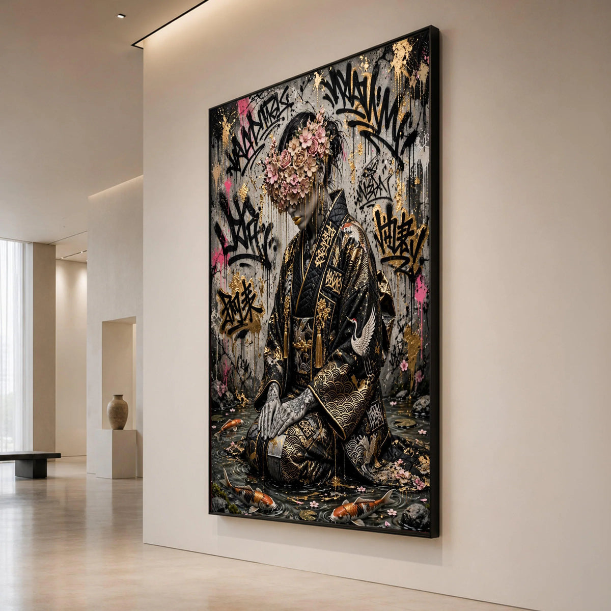 Elegant Geisha with Floral Mask, Urban Graffiti Canvas Art, Japanese Kimono Wall Decor, Contemporary Asian Style Canvas, Canvas Print Art