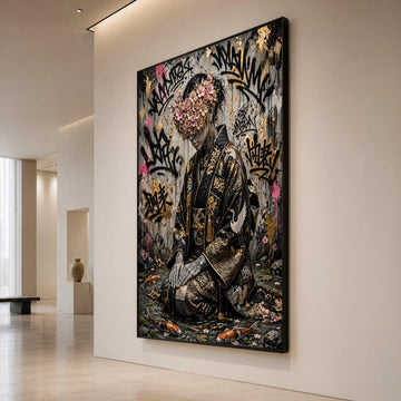 Elegant Geisha with Floral Mask, Urban Graffiti Canvas Art, Japanese Kimono Wall Decor, Contemporary Asian Style Canvas, Canvas Print Art