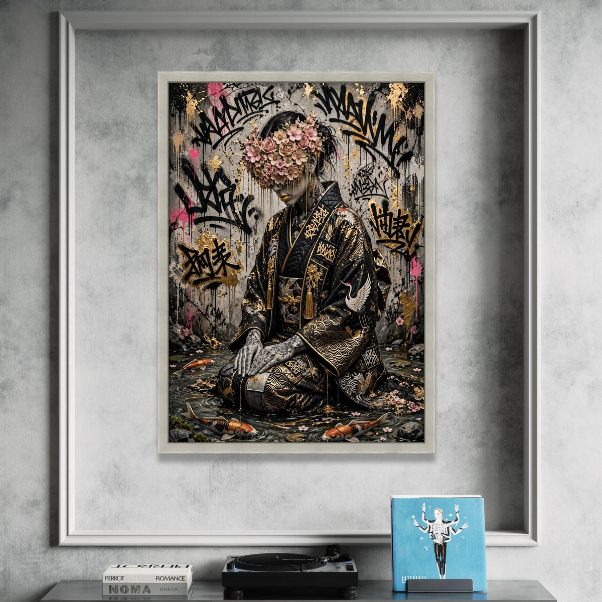 Elegant Geisha with Floral Mask, Urban Graffiti Canvas Art, Japanese Kimono Wall Decor, Contemporary Asian Style Canvas, Canvas Print Art