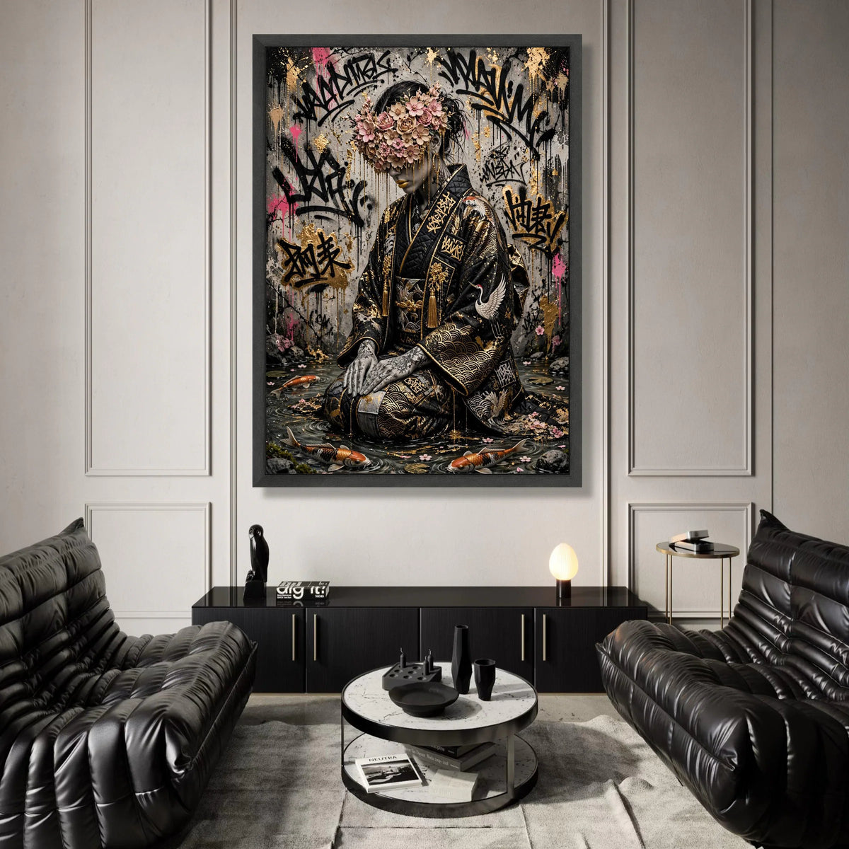 Elegant Geisha with Floral Mask, Urban Graffiti Canvas Art, Japanese Kimono Wall Decor, Contemporary Asian Style Canvas, Canvas Print Art